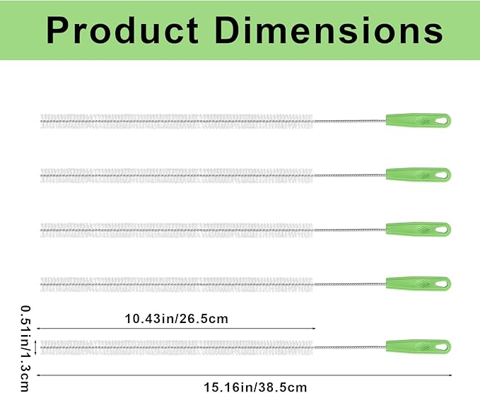 5pcs Extra Long Pipe Cleaning Brush, 15.16in/38.5cm Small Nylon Straw Cleaner Brush Set Multi-Purpose Cleaning Tool for Water Bottle Tube Kitchen Bathroom Sink Sewer Hair Dredge (Green White)