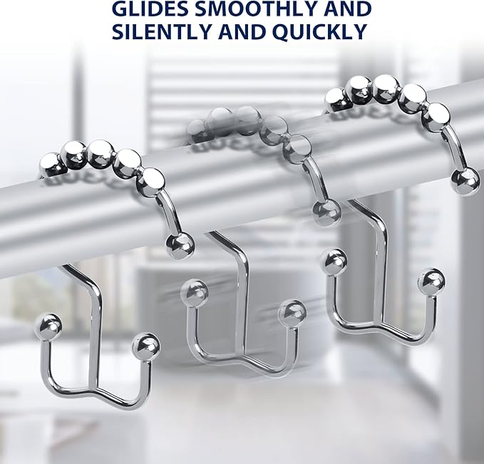 Shower Curtain Hooks,Sturdy Stainless Steel Double Sided Shower Hooks Rings for Bathroom Shower Curtain Rods Curtains Set of 12 Hooks - Chrome