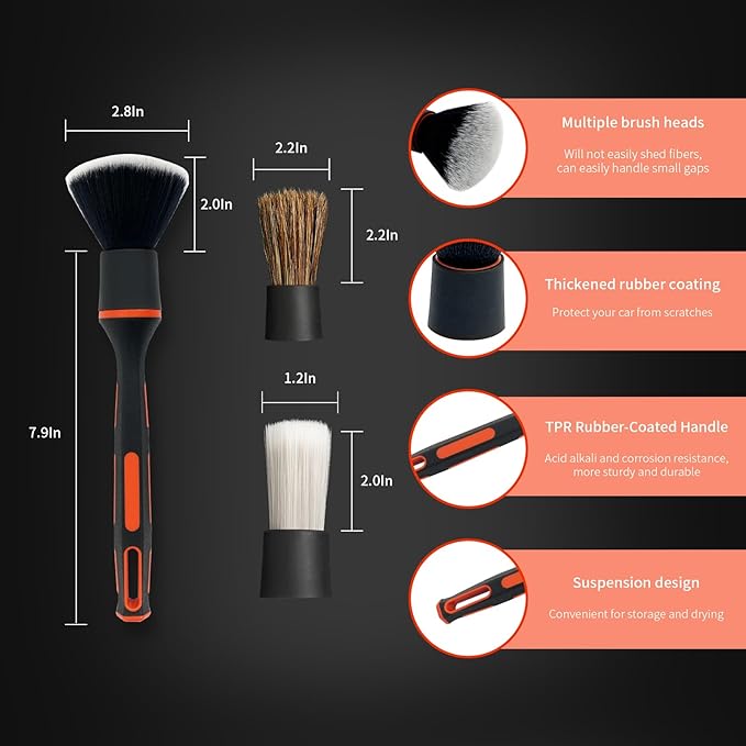 Car Drill Brush, 4Pcs Detachable Car Detail Drill Brush Set(Soft No Scratch Hair, Boar Hair, PP Bristis, Drill Brush Attachment Head), Drill Brush for Air Vent Automotive Interior Exterior