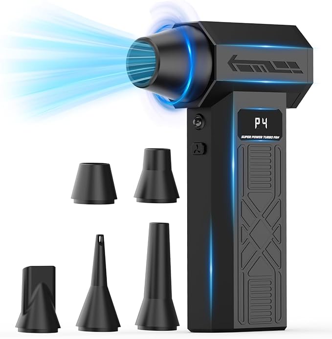 Compressed Air Duster - Rechargeable Electric Air Blower for Keyboard,Camera,PC Vents,Car Interiors & Home,Outdoor Dusting - 280,000 RPM,5 Nozzles,4 Speeds,Fast Charging