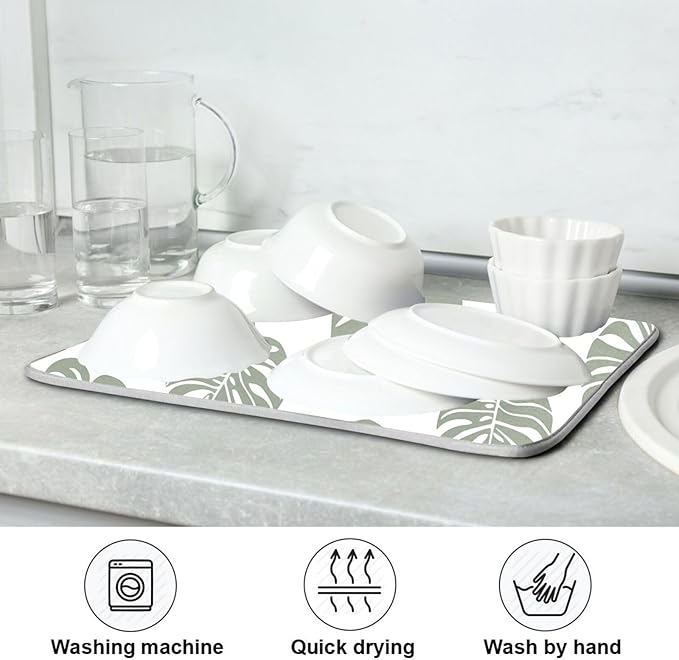 Green Palm Monstera Leaves Dish Drying Mat for Kitchen Counter Absorbent Microfiber Drying Pad, Medium 16x18 in