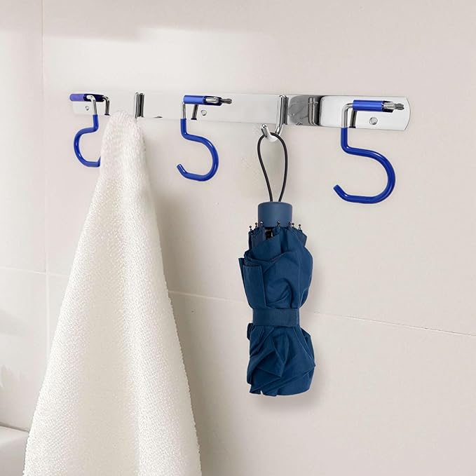 BESPORTBLE Stainless Steel Wall-Mounted Mop Holder and Multi-Function Storage Rack with 3 Mop Slots and 2 Hooks, No Drilling Installation for Bathroom, Kitchen, and Laundry Organization