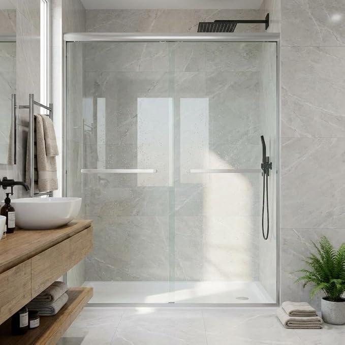 Sliding Shower Door with Fully Framed Aluminum Alloy, 50"-60" Adjustable Width x 72" Height, Dual 6mm Tempered Glass Panels, Brushed Nickel Square Track, Space-Saving Bypass