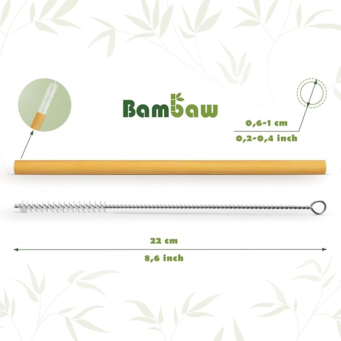 Bambaw Bamboo Straws - Eco Friendly Reusable Straws with Cleaner Brush & Pouch, Pack of 12 - 8.7''