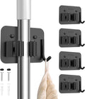 nacena Broom Holder Wall Mount, 4 Packs Black Stainless Steel Mop and Broom Hanger with Hooks Heavy Duty Broom and Mop Organizer Wall Hanging for Bathroom
