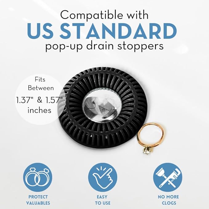 Bathroom Sink Hair Catcher for Pop-Up Drain – SinkRing 1.57" Precision Strainer for Bathroom Sink Drains | Clog-Free Hair Trap for Contacts, Earrings, Jewelry | No Suction or Screws – Black