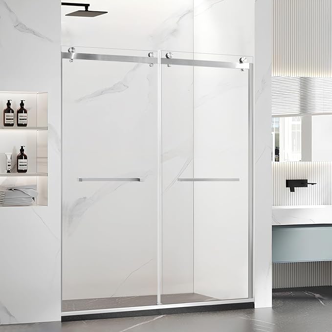 Paris Shower Door,60" W x 74" H Double Sliding Shower Door with 5/16"(8mm) Clear SGCC Tempered Glass,Bathroom Shower Door,Brushed Nickel