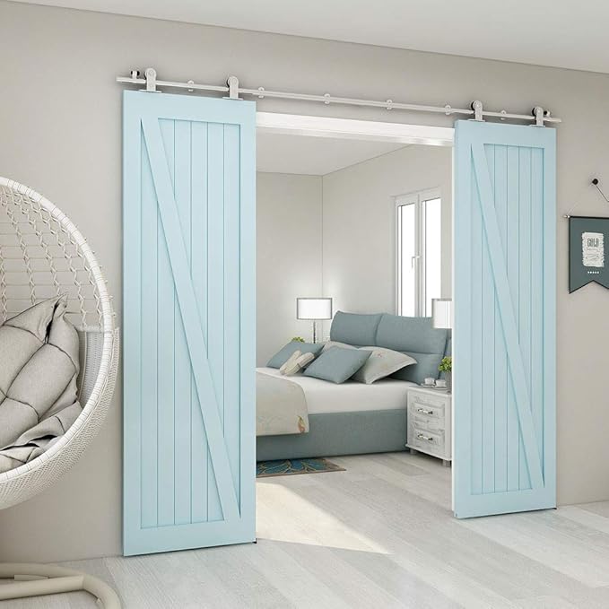TSMST 16FT Sliding Barn Door Hardware Kit, Top Mount Stainless Steel Heavy Duty Sturdy Barn Door Track for Double Wood Door, Slide Smoothly Quietly (T Style)