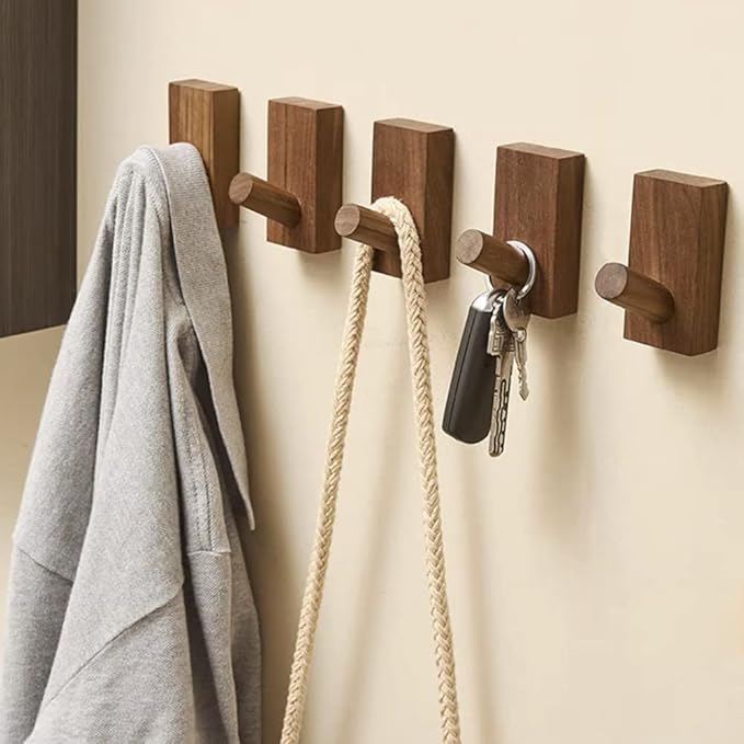 HomeDo 8Pack Adhesive Wall Hooks Hat Rack, Wooden Coat Hooks Wall Mounted, Decorative Hooks Single Organizer Hat Hanger Towel Rack, Heavy Duty Hooks (Rectangle-Walunt,8Pack)