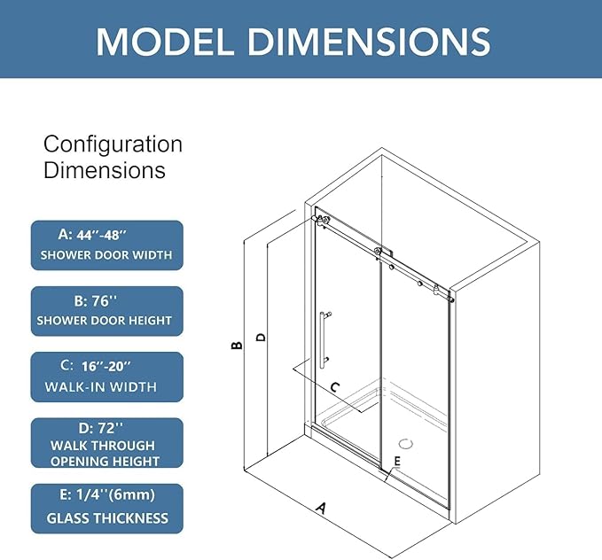 KPUY Frameless Shower Door, 43-48" W x 76" H Sliding Glass Shower Door, 1/4" (6mm) Thick Tempered Clear Glass with Explosion-Proof Film Nano Coating, Stainless Steel Hardware, Chrome