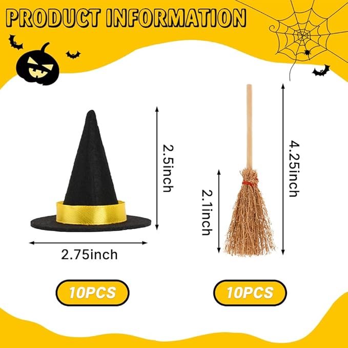 Mini Witch Hats and Mini Broom, Small Witch Hats for Crafts, 20 Pcs Halloween Party Decorations Costume Cosplay Accessory