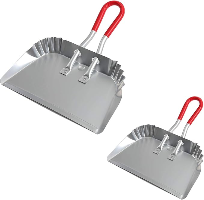 TOP DOG Metal Dustpan 17”, Aluminum Dust Pans Heavy Duty Does not Chip or Bend Sheet Metal Edge Flat Against Floor for Small Item Sweeping Rubber Coated Easy to Grasp Handle (2pcs)