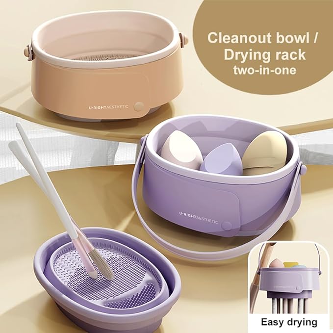 Foldable silicone makeup brush cleaning bowl, makeup tool cleaning bowl, makeup brush cleaning tool storage and drying rack (purple) (purple)