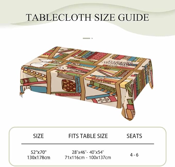 Books on Bookshelf Rectangular Tablecloth Cute Sleeping Cat Kitten in Library Brown 52x70 Table Cloth for Wedding Party Banquet,Dining Kitchen Table Cover