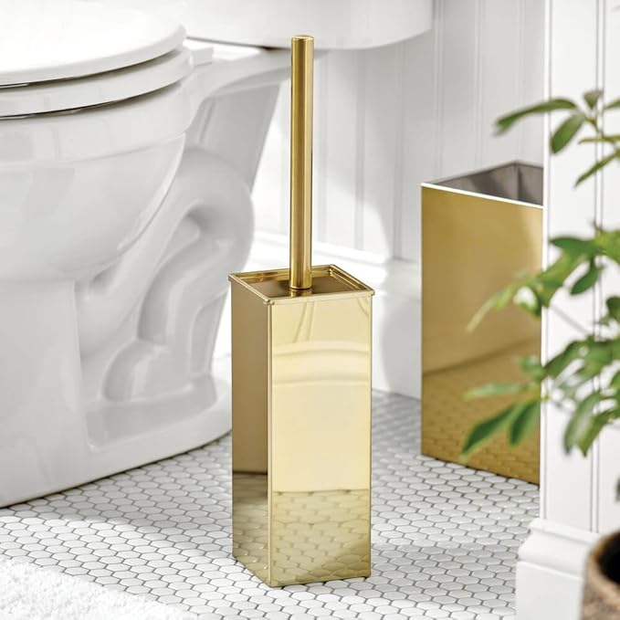 mDesign Steel Square Modern Toilet Bowl Brush and Holder for Bathroom Storage and Organization, Compact Free-Standing Design, Covered Brush - Sturdy, Deep Cleaning - Citi Collection - Soft Brass