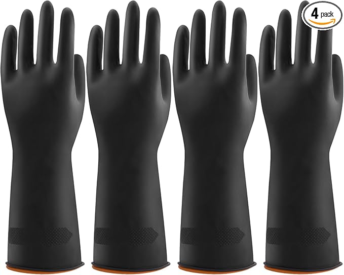 Bamllum 4 Pairs Black Rubber Dishwashing Gloves - Reusable Cleaning Gloves for Kitchen, Household, Anti-Slip, Flexible & Long-Lasting (Large)