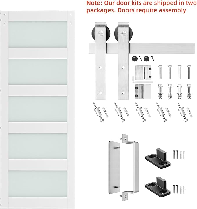 SmartStandard 32 x 84 inch Glass Barn Door with 6FT Brushed Nickel Sliding Hardware Kit & Handle, Pre-Drilled Ready to Assemble, Waterproof PVC Coating, White, 5-Panel Glass