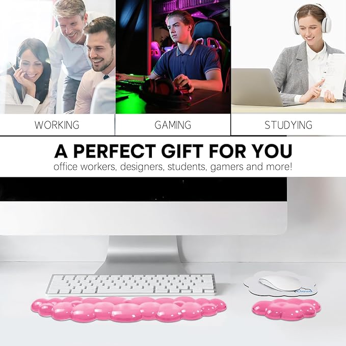 JIKIOU Clear Gel Wrist Rest for Keyboard and Mouse, Cool Silicone Mouse Wrist Rest Set, Cute Ergonomic Wrist Rest for Keyboard Typing Pain Relief, Suitable for Office Computer Laptop Gaming Pink