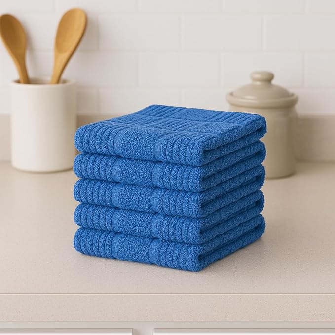 DecorRack 10 Pack 100% Cotton Kitchen Towels, 12x12 inch Soft Terry Dishcloths, Absorbent Hand Towels for Cleaning, Drying & Dishes, Plaid Pattern Cleaning Rags, Blue (Pack of 10)