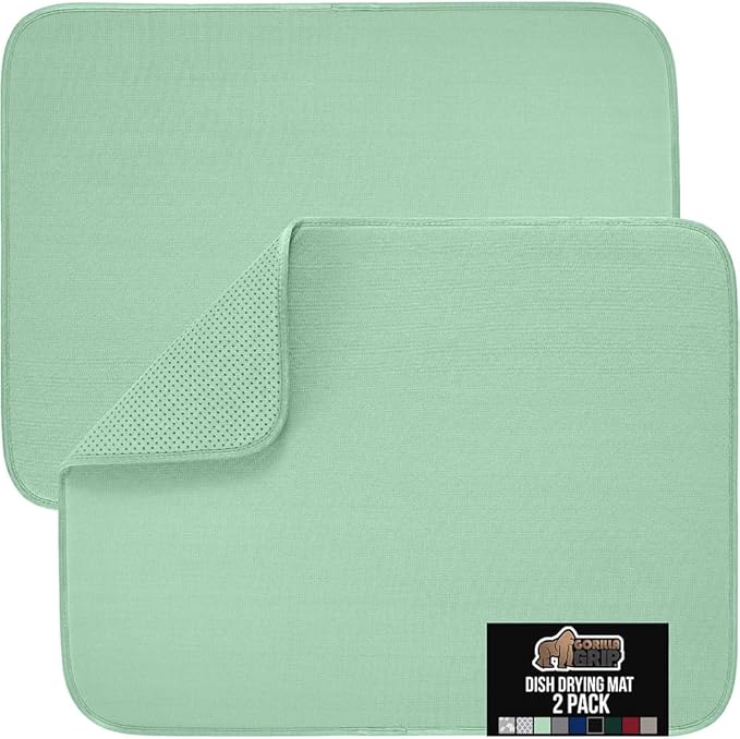 GORILLA GRIP Ultra Water Absorbent Microfiber Dish Drying Mat 2 Pack, Quick Dry Thick Mesh, Slip Resistant Pad for Sink Dishes or Under Rack, Kitchen Counter Accessories, Machine Wash, 18x16, Mint