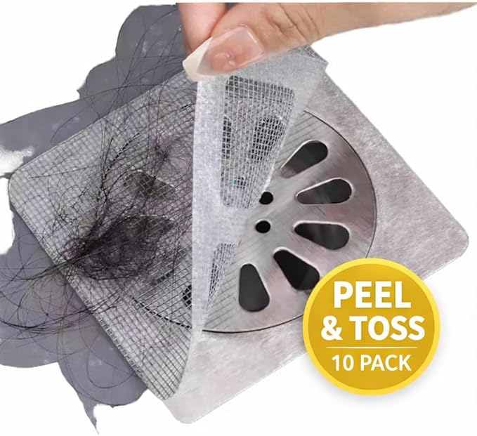 Disposable Shower Drain Hair Catcher Stickers (10 Pack) – Waterproof Mesh Hair Trap Covers for Shower & Bathtub Drains, Peel-Stick Disposable Drain Protector