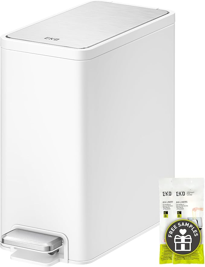 EKO Slim Small Bathroom Trash Can with Lid, Stainless Steel Small Garbage Can with Removable Inner Bucket, 6L / 1.6 Gal, Step On Trash Bin (White)