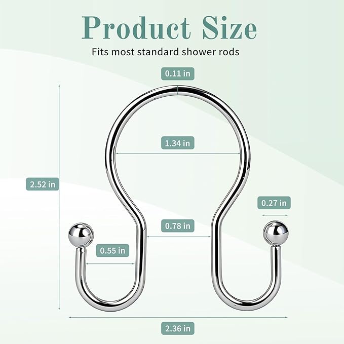 Goowin Shower Curtain Hooks, 12 Pcs Shower Curtain Rings, Stainless Steel Shower Curtain Hangers, Metal Shower Curtain Hooks Rings Rust Proof, Minimalist Shower Hooks for Shower Curtain, Chrome
