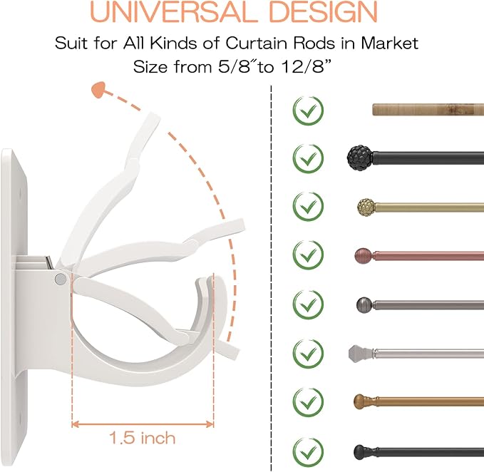 4PCS No Drill Curtain Brackets, Self-Adhesive Rod Holders, Universal Plastic Nail Free Adjustable, Curtain Hooks for Rods Less Than 1.57 Inch Diameter (White)
