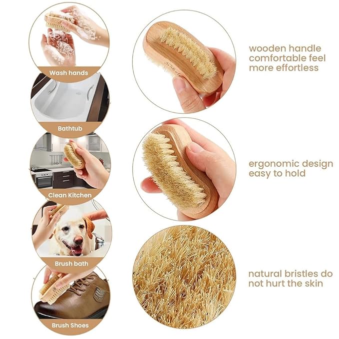 Two-side Wooden Nails Brushes for Fingers, Natural Wood and Bristle Cleaning Acrylic Nail Art Brush, Fingernail & Toenail brushes for Women, Men, Girls, Manicure Pedicure Nail Scrubber Home & Salon