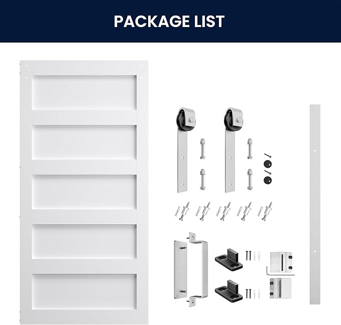 SmartStandard 42x96 inch White Barn Door with 7FT Brushed Nickel Sliding Door Hardware Track Kit Included, Solid MDF Slab, Waterproof PVC Surface, 5-Panel, Suitable for Openings up to 40in x 94in