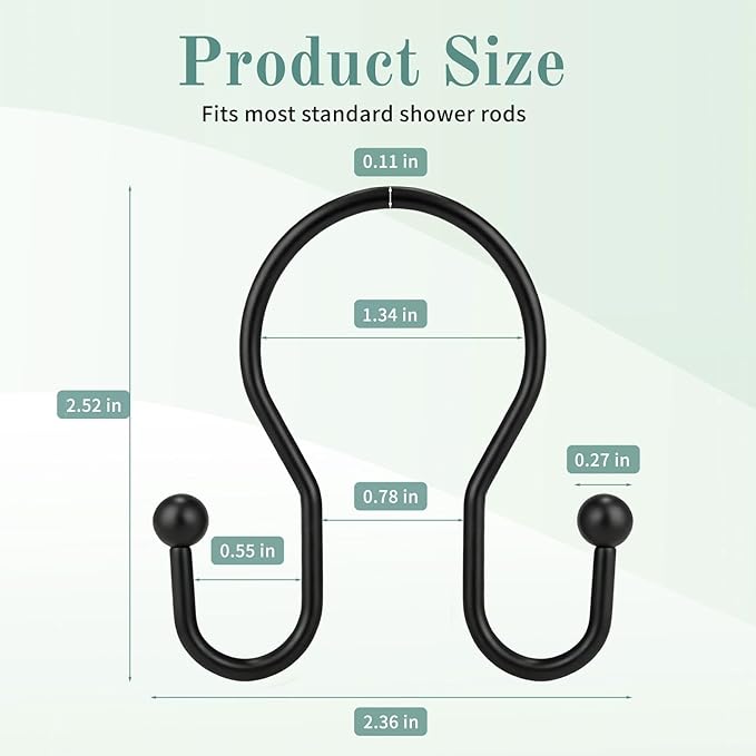 Goowin Shower Curtain Hooks, 12 Pcs Shower Curtain Rings, Stainless Steel Shower Curtain Hangers, Black Shower Curtain Hooks Rings Rust Proof, Minimalist Shower Hooks for Shower Curtain, Black