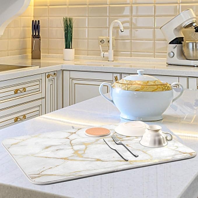 Marble White Dish Drying Mat 16x18 for Kitchen Golden Grey Marble Dishes Pad Dish Drainer Rack Mats Absorbent Fast Dry Kitchen Accessories