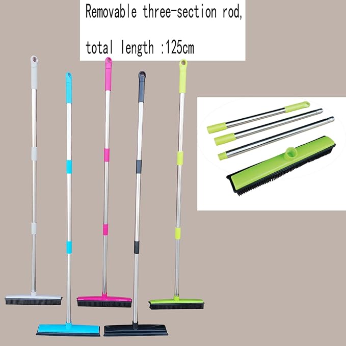 Pet Hair Rubber Broom, Rubber Broom for Pet Hair On Carpet, Pets Hairs Removal Broom with 49" Adjustable Handle, Soft Push Broom with Squeegee for Carpet, Hardwood Floor, Tile (C)