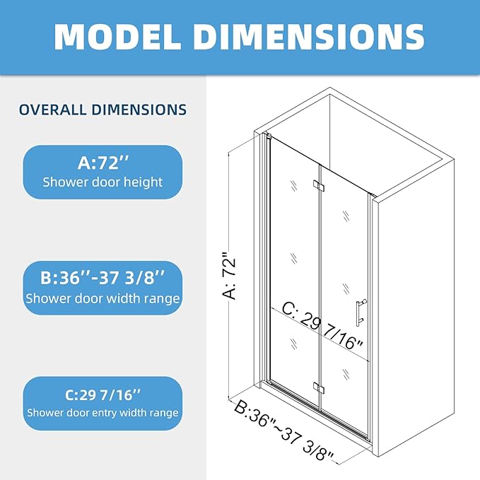 Royal Guard Bifold Shower Door, 36" W x 72" H Frameless Glass Shower Door with 1/4" (6mm) Clear Tempered Glass, Pivot Swing Shower Door, Chrome Finish