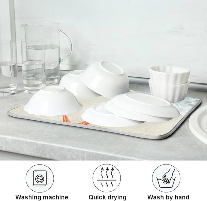 Sweetshow Summer Beach Dish Drying Mat 16 x 18 Inch Sea Wave Shells Starfish Drying Mat with High Absorbent Reversible Microfiber Kitchen Mat Dish Rack Pad Dish Drainer Mat Kitchen Counter Coffee Bar