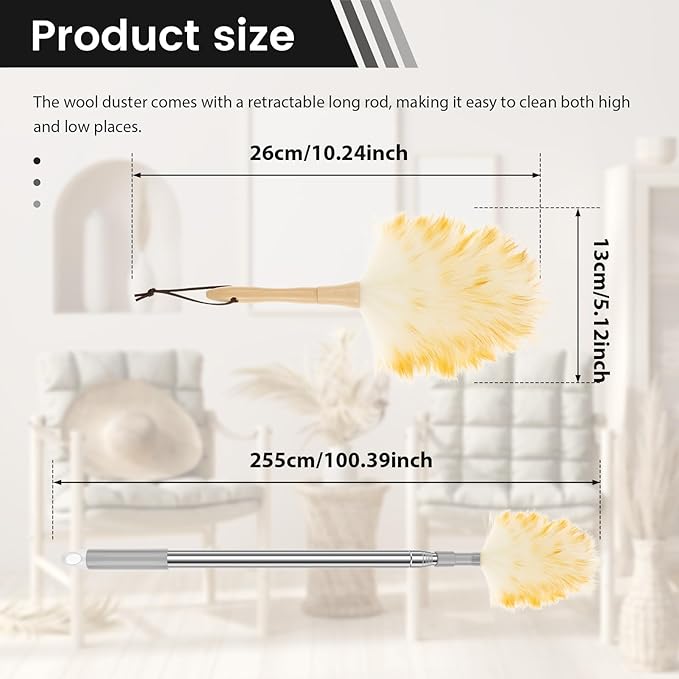 2Pcs Sofa Cleaning Lambswool Duster, Feather Duster for Cleaning Fans, Reusable Table Cleaning Faux Lambswool Duster with Retractable Pole for Photo Frames and Furniture