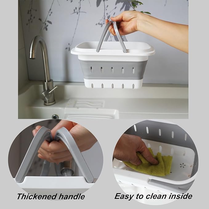Portable Folding Plastic Bath Shower Caddy with Handle 2 Pack, Perforated, Collapse Travel Bathroom Organizer for Bedroom, College, Shower, Dorm Room, Camping and RV Use (Grey/Blue, 2 pack)