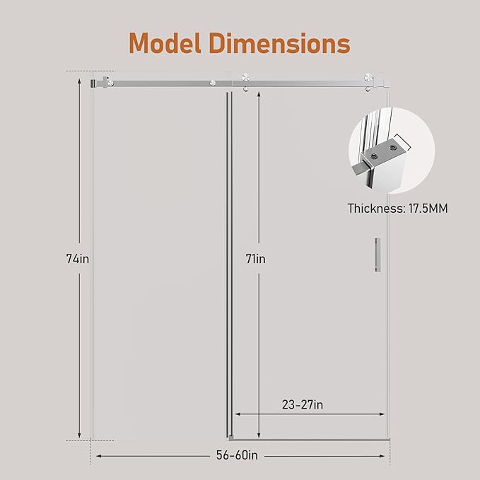 56-60 Inch Frameless Sliding Shower Door, 74" Height, 5/16" (8mm) Clear Tempered Glass, Smooth Gliding Track & Anti-Jumping System, Stainless Steel Brushed Nickle Finish