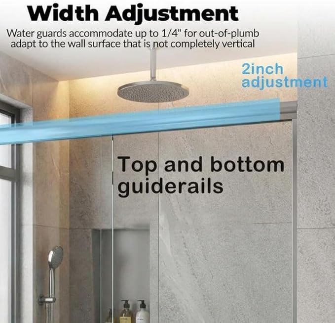Aluminum Alloy Sliding Shower Door, Adjustable 50"-60" W x 72" H with Dual 8mm (5/16") Tempered Glass Panels & Coating, Brushed Anodized Aluminum Frame, Brushed Nickel Square Track