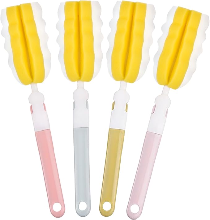 INVODA 4PCS Bottle Brush Long Handle Cup Cleaner Brush Sponge Bottle Scrubber Detachable Handle Portable Sponge Cleaning Brush for Baby Bottle Dishwashing Kitchen Clean Glasses Mugs (4 PCS)