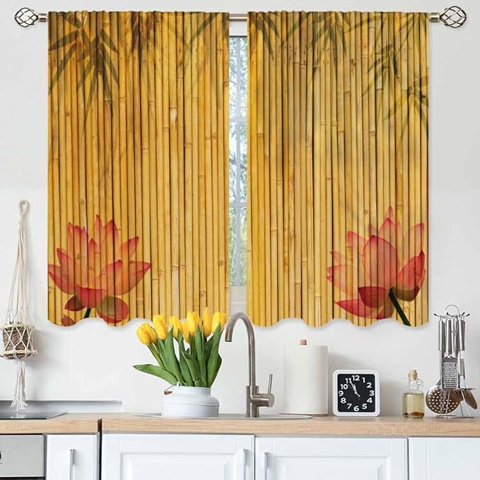 Bamboo Kitchen Curtains Pink Lotus Twigs Tree Branch Chinese Leaves Plants Short Tier Curtains for Bathroom Cafe Small Window Drapes Treatment 2 Panels (27.5x39 Inch)
