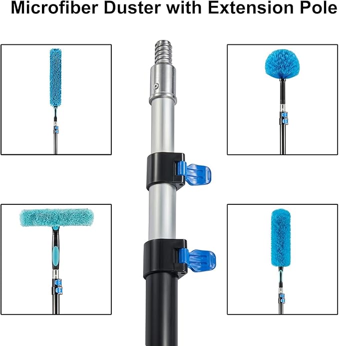 25 Foot High Ceiling Fan Duster with 6-18ft Extension Pole, Extendable Reusable Cobweb, Feather, Window Cleaning Squeegee Kit