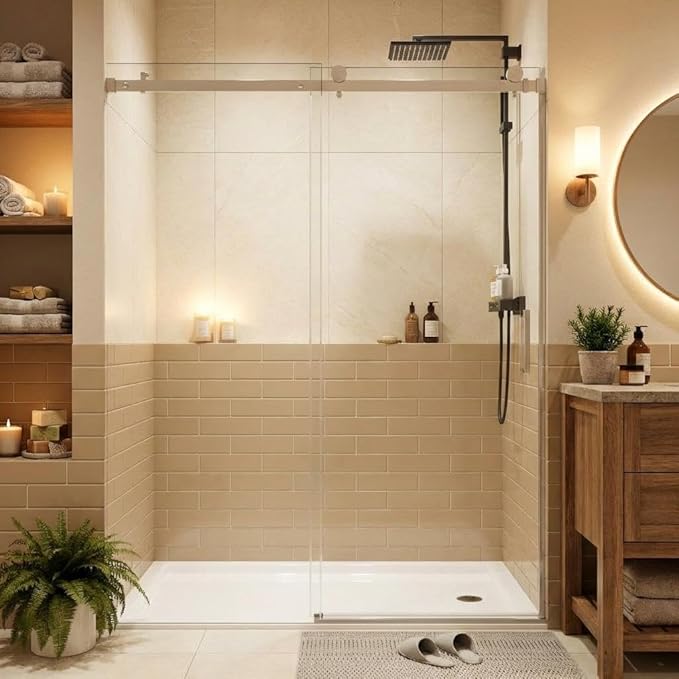Frameless Shower Door, Adjustable 56"-60" Width x 76" Height, 6mm (1/4") Clear Tempered Safety Glass with Coating, Brushed Nickel Square Rail System, One Fixed One Sliding