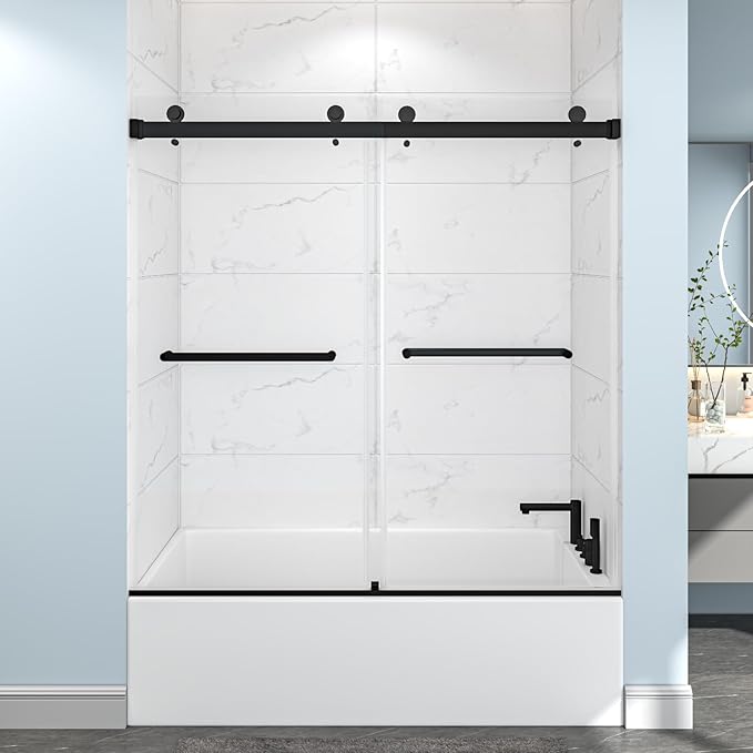 54"-60" W x 60" H Frameless Bathtub Shower Door, Double Sliding Shower Door,5/16"(8mm) Clear Tempered Glass,Bathtub Glass Door with Explosion-Proof Film (Matte Black 60" Wx60 H)