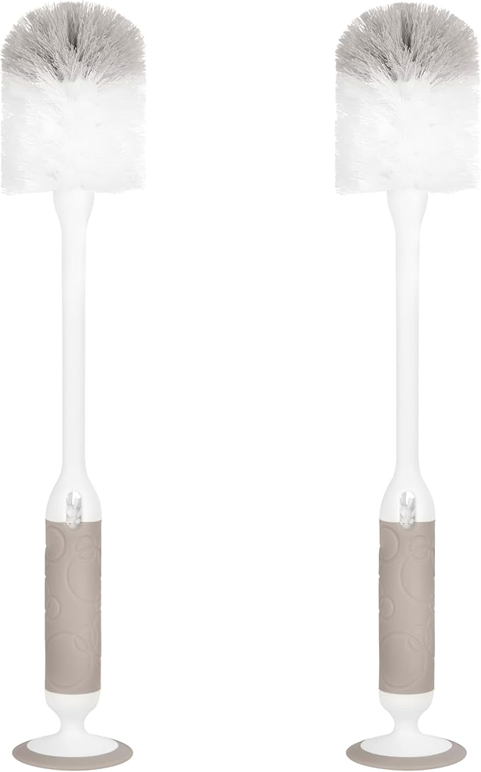 Ubbi Deluxe Baby Bottle Brush Set, Bottle Brush and Nipple Brush with Suction Cup, Baby Cleaning Essentials, Set of 2, Taupe