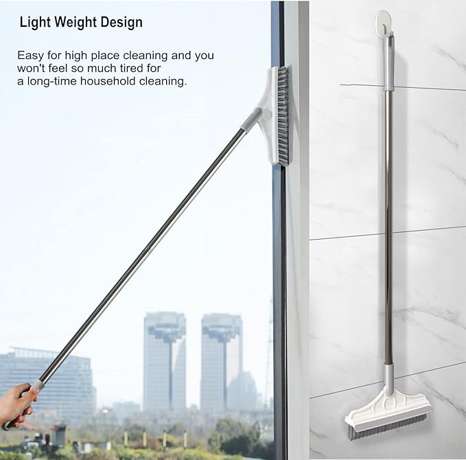 2 in 1 Cleaning Scrub Brush Grout Brush Scrapee 3 Poles 47.6'' Floor Scrub Brush with Long Handle V-Shape Stiff Bristle Brush Scrubber with Squeegee 120°Rotate Magic Broom Brush for Bathroom Glass