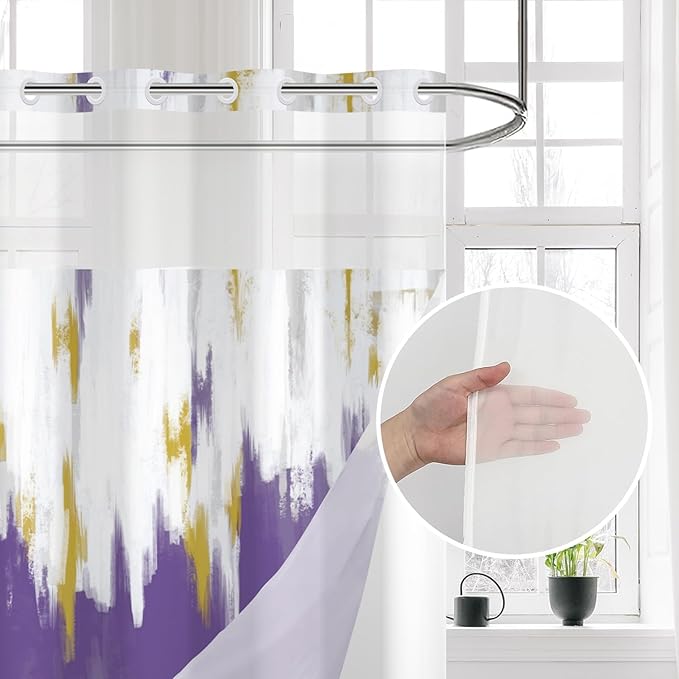 No Hook Shower Curtain with Snap in Liner, Hotel Style Purple White Gold Brush Strokes Art Modern Shower Curtain Waterpoof Washable with See Through Top Window,71"x71"