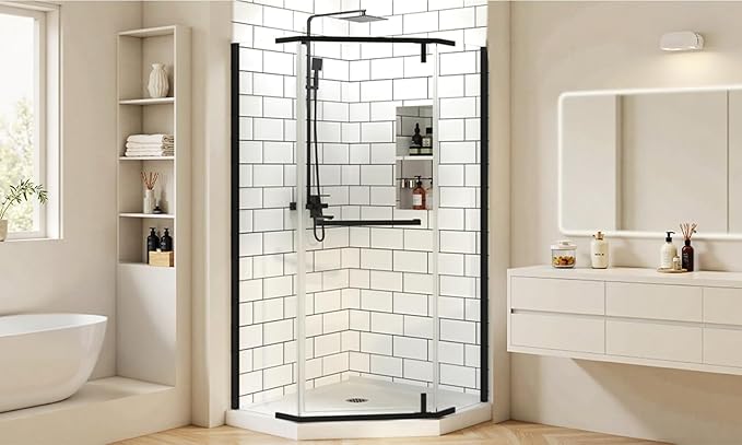 36" D x 36" W x 72" H Neo-Angle Frameless Shower Door, 1/4” (6MM) SGCC Tempered Glass with Explosion-Proof Film and Nano Coating, Black Stainless Steel Frame