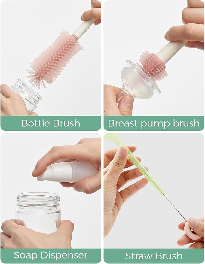 Momcozy Baby Bottle Brush Set, Cleaner Kit with Silicone Nipple Straw Brush, Soap Dispenser, Drying Rack - 7 in 1 Bottle Cleaning Tool for Home and Travel, Pink