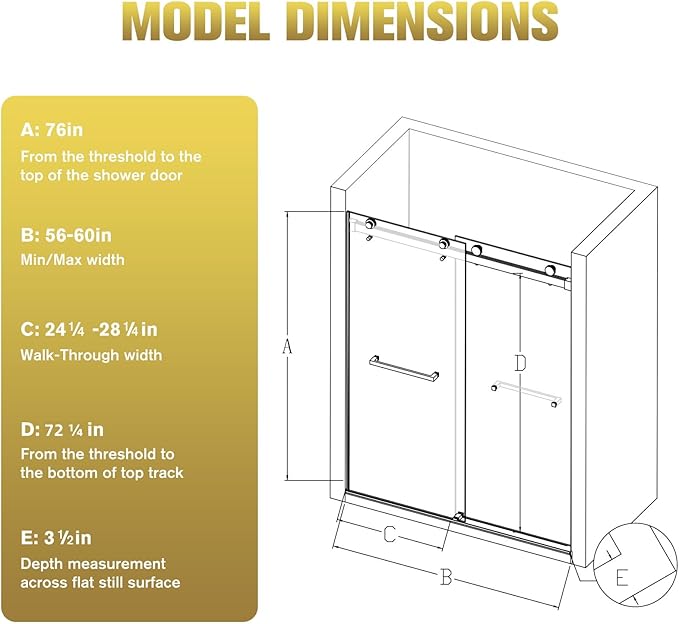 Shower Door 56–60 in W x 76 in H 3/8" Tempered Glass Double Sliding Shower Door Frameless Brushed Gold Exquisite Rolling Track Design Reversible Installation for Modern Bathroom